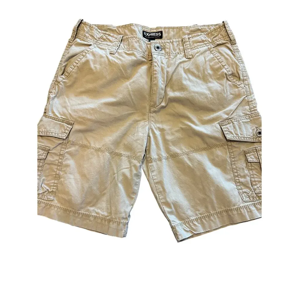 Express Mens 30 Utility Khaki Cargo Shorts Tan Heavy Duty Cotton Gorpcore EUC